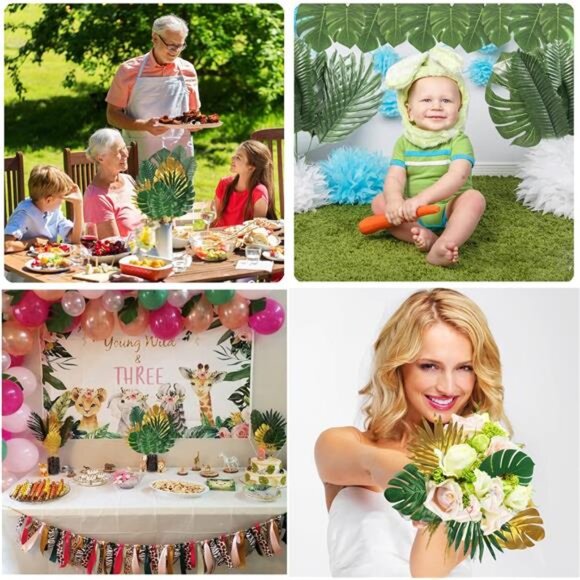 72 Pieces 10 Kinds Artificial Palm Leaves Golden Tropical Leaves with Stems - Picture 5 of 8